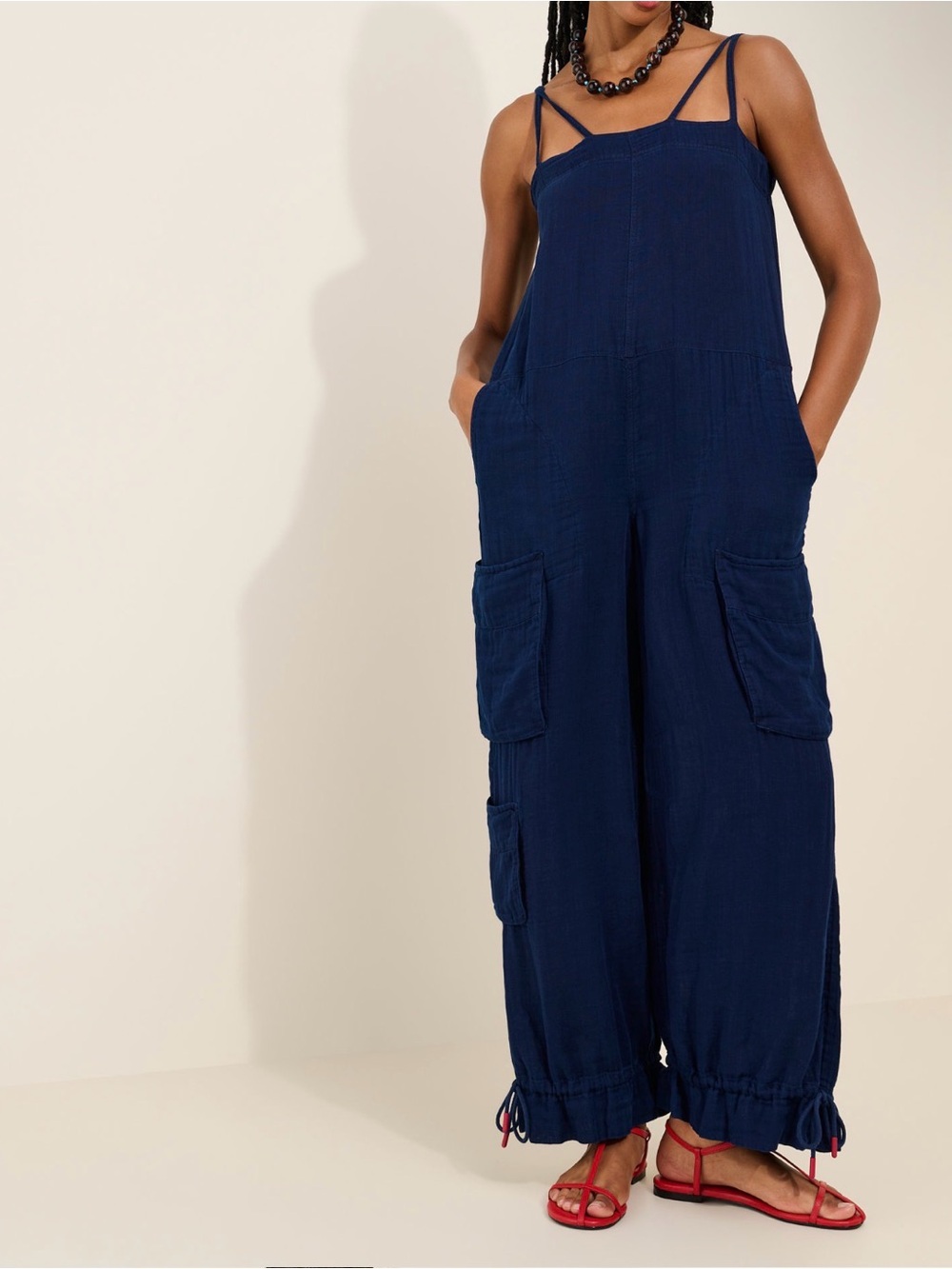 Pilcro Navy Wide-Leg Cargo Jumpsuit with Strappy Neckline